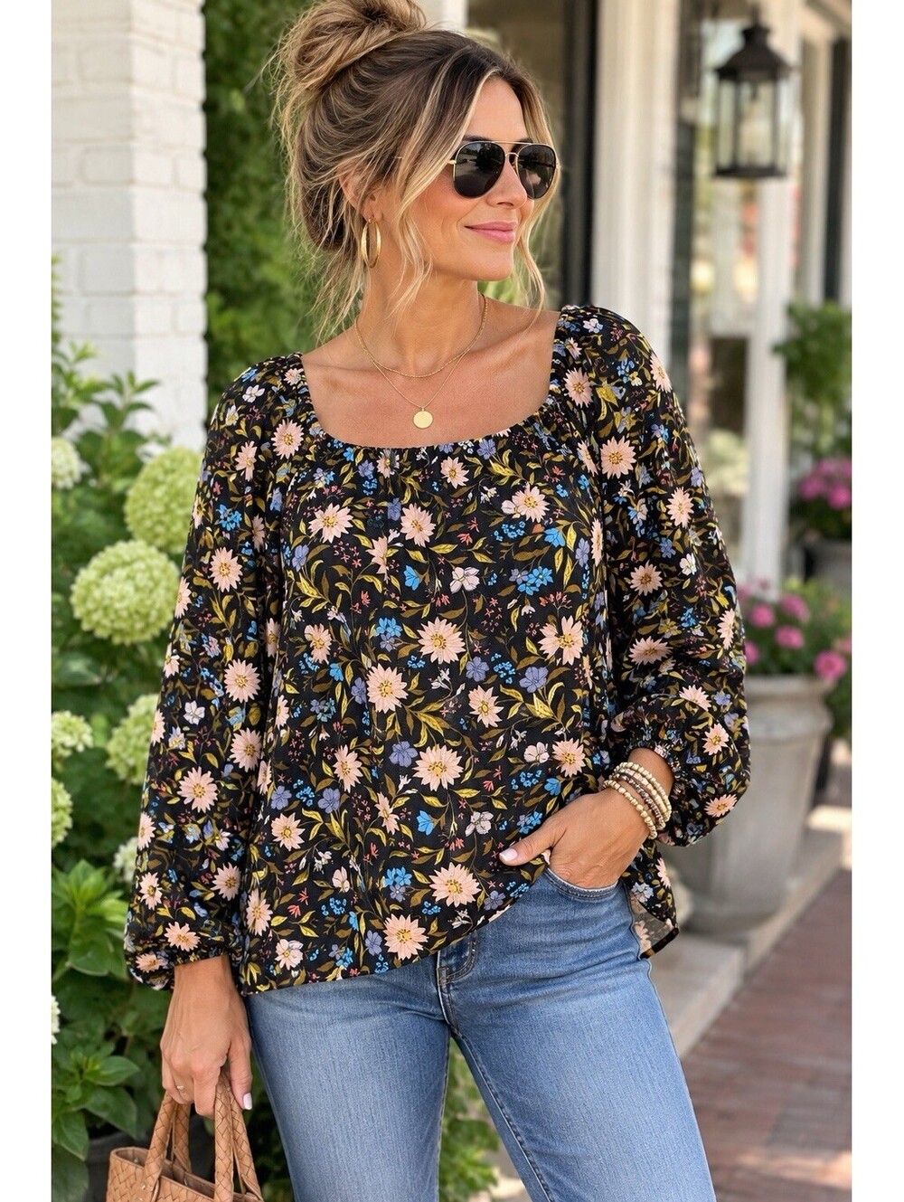 a.n.a New Approach 2X Floral Peasant Blouse Black Cotton Boho Long Sleeve